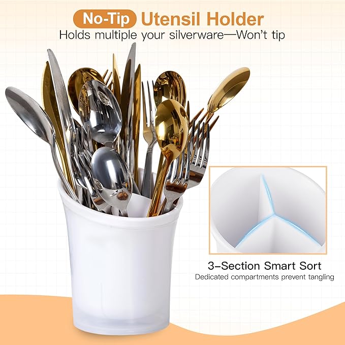 Imncya Silverware Drying Holder for Kitchen Counter, Small Utensil Organizer with Self Draining, Utensils Drying Rack for Forks, Spoons and Whisk, Space Saving Kitchen Decor Storage - White