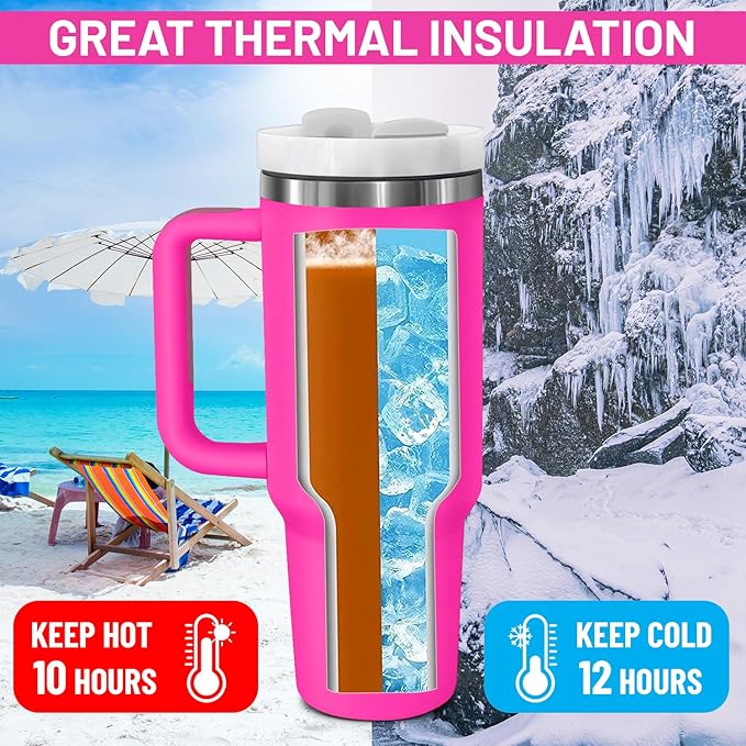 40oz stainless Steel Insulated Tumbler with Handle, lid and straw for cold water, Iced tea, or coffee - 100% Leak-Proof - Cupholder Friendly Travel Mug- Gifts for Women Men Him Her (Pink)