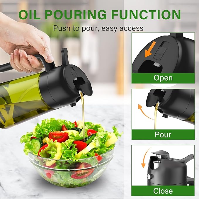 Vakoo 2 in 1 Oil Sprayer and Oil Dispenser for Kitchen - 16oz/470ml Light-Blocking Dark Glass Olive Oil Spray Bottle for Cooking, Air Fryer, Salad & BBQ (Black&Black)