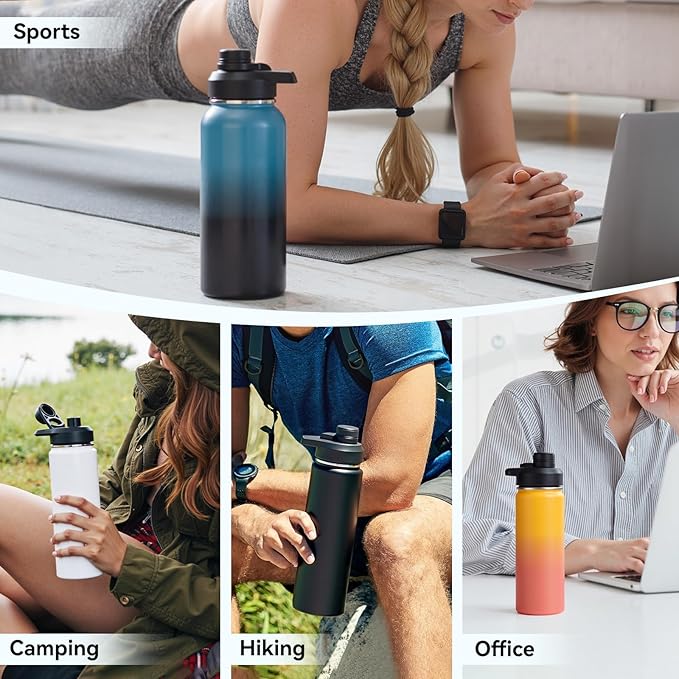 32 oz Insulated Water Bottle with Handle, 304 Stainless Steel Water Bottles with Wide Mouth, Double Wall Vacuum Sports Water Bottle, BPA Free, Keep Cold and Hot, Yellow&Orange