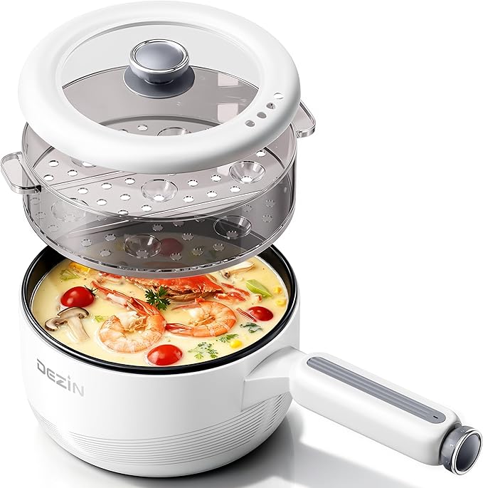 Dezin Electric pot with Steamer, 2L Non-Stick Sauté Pan, 5-in-1 Multifunctional Hot Pot Electric for Steak, Fried Rice, Oatmeal, Soup, Dual Power Control, Portable Pot for Dorm, Office & Small Kitchen