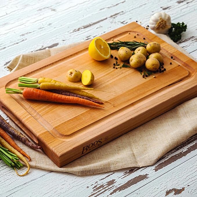 John Boos BBQ Series Rectangular Wooden Maple Cutting Board 18”x12” – 1.5” Thick, 8.5-lb Reversible Butcher Block with Juice Groove, Edge-Grain & Finger Grips– Made in the USA