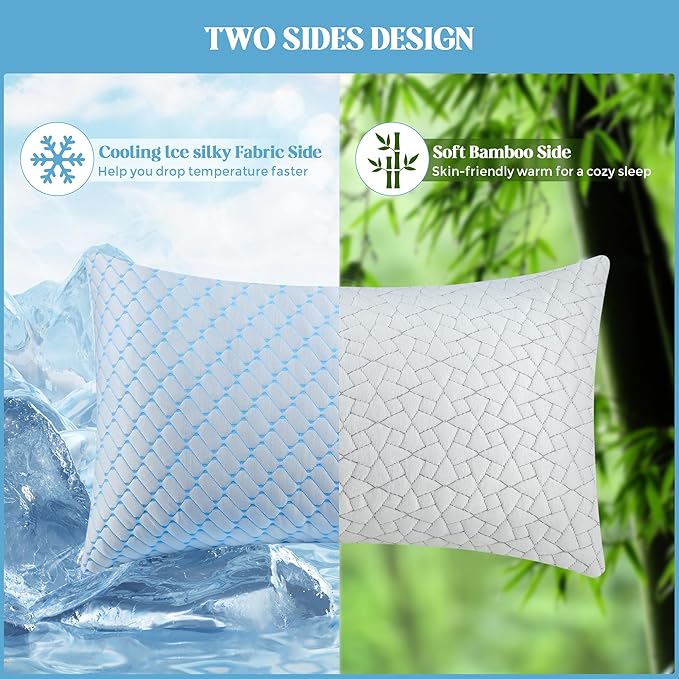Bafode Memory Foam Pillows Queen Size Set of 2 Bamboo Cooling Bed Pillow 2 Pack Shredded Memory Foam Pillow for Sleeping 20x30