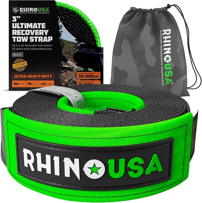 Rhino USA Recovery Tow Strap (3" x 20') - 31,518lb Break Strength - Emergency Recovery Strap Tow Rope for Truck, UTV, ATV...
