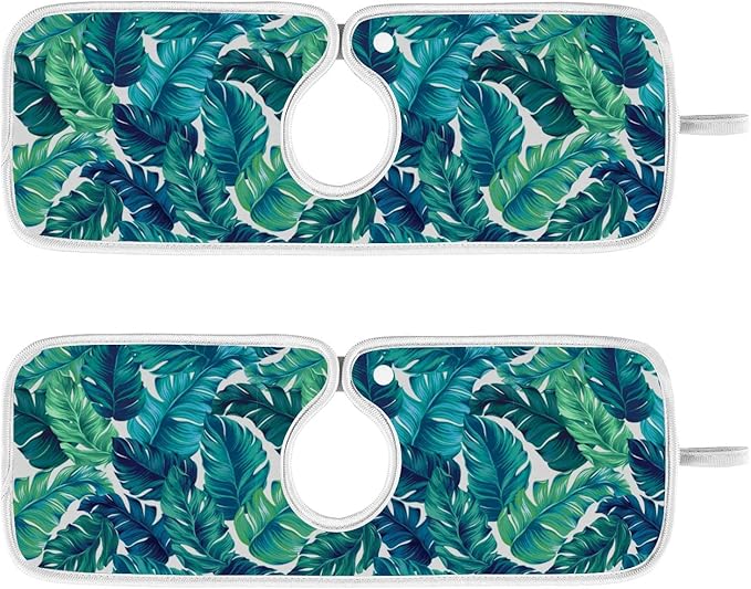 Kitchen Faucet Absorbent Mat,Turquoise Green Palm Leaves Water Splash Guard for Sink, Faucet Drip Catcher Thicken Sponge Microfiber Faucet Water Catcher Mat Sink Absorbent Mat for Kitchen 30x5in 2Pack