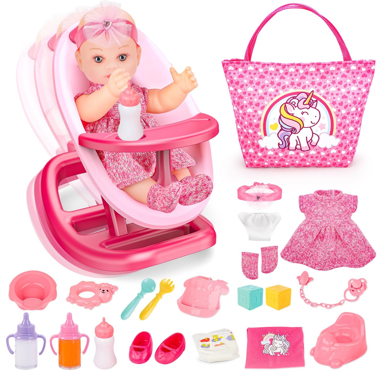 deAO Baby Doll Playset Baby Doll Crib Bed Set Adjustable 2 in 1 Baby High Chair and Rocking Bed, Baby Doll Accessories with 13 Inch Dolls, Feeding Pretend Play Toy Gift for Toddler 3+ Years Old