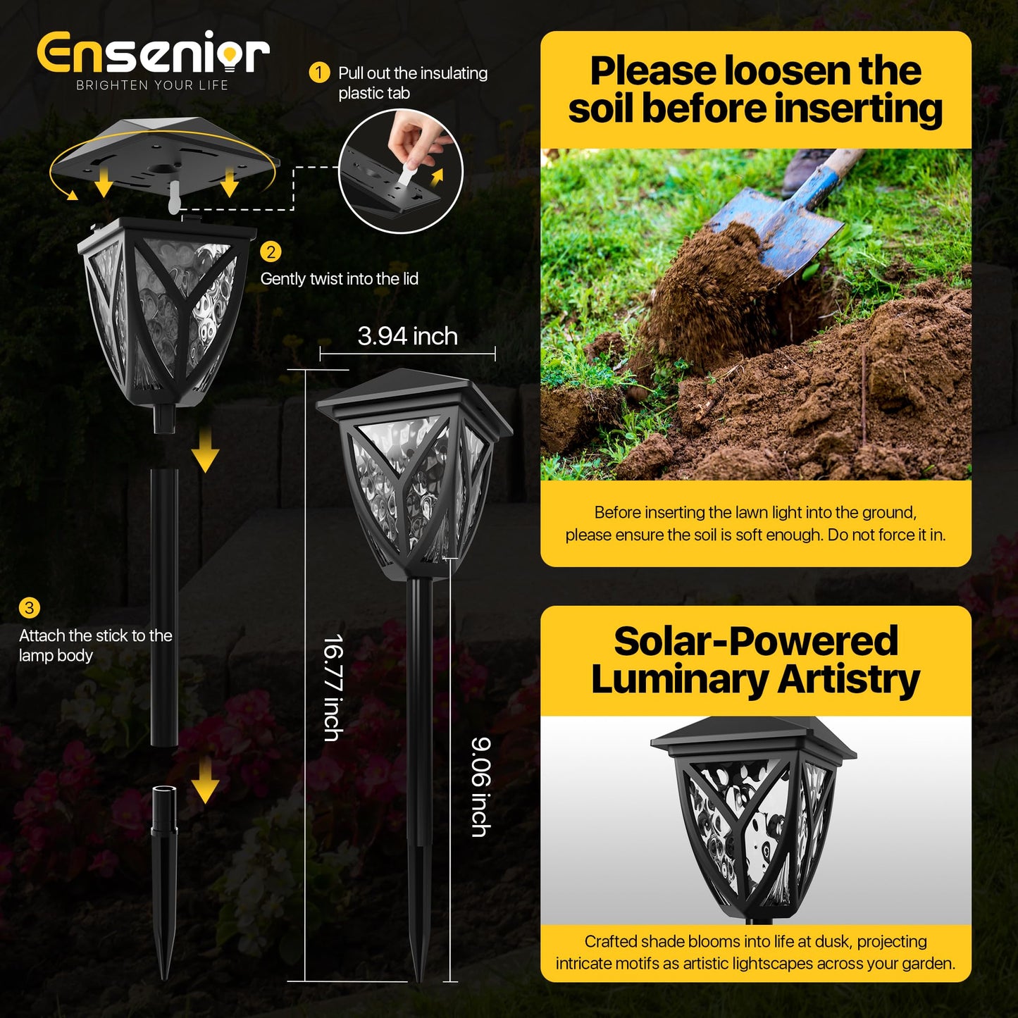 Ensenior 6-Pack Solar Lights Outdoor  16.77 3000K Led Solar Garden Lights For Pathway  Yard  Patio  Walkway  Planter  Waterproof  Energy-Efficient Landscape Lighting