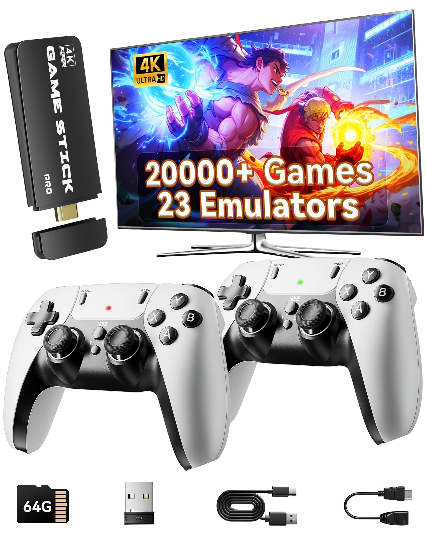 Retro Gaming Console, 20,000+ Retro Game Stick, 23 Emulators, 4K HD TV Game Stick, Built-in Classic Video Games, Plug & Play Game Console for TV with 2 Wireless Controllers