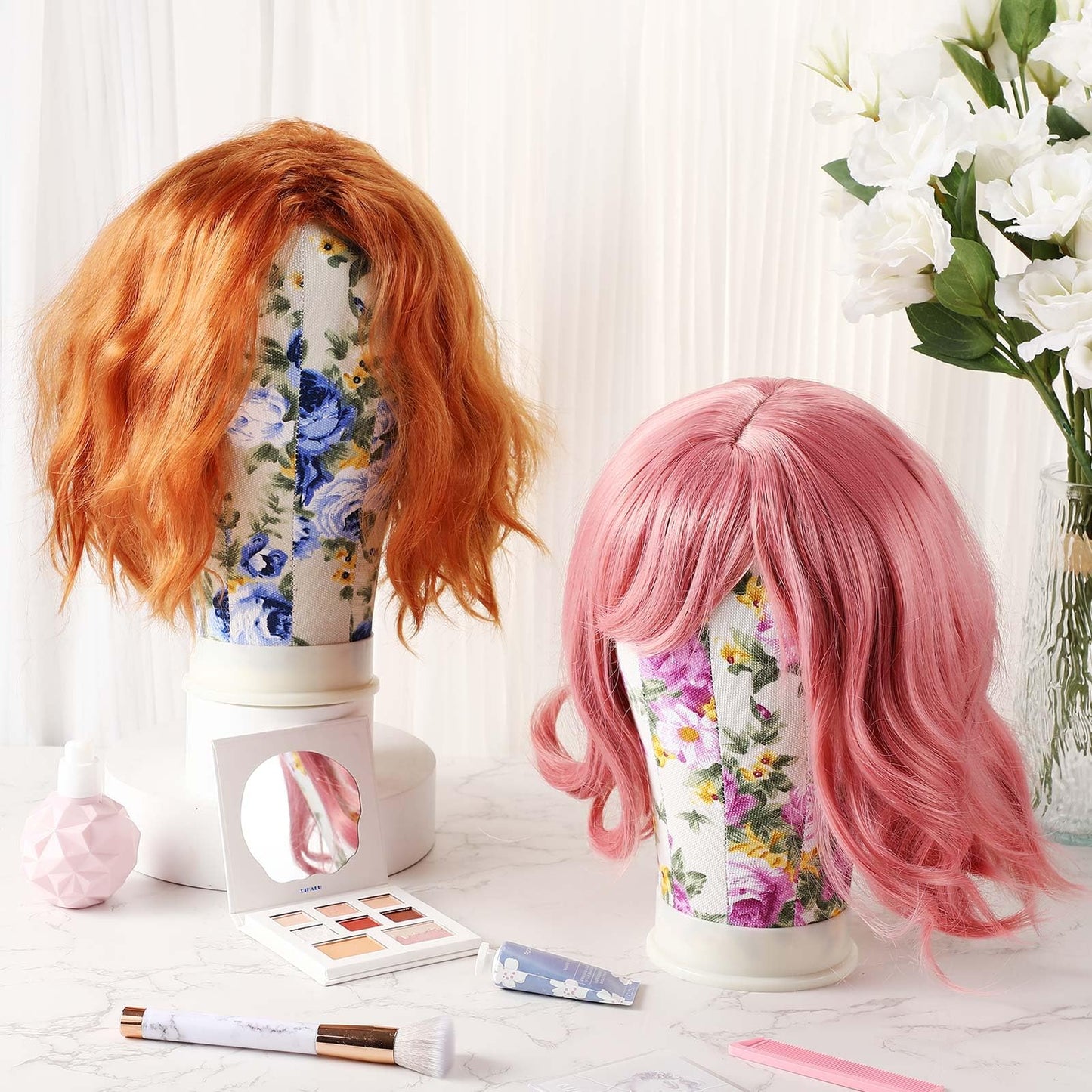 DoubleFill 2-Piece Mannequin Heads for Wigs - 22 Inch Canvas Wig Heads with Mount Hole Pins & 2 C Clamp Stand Holder for Lace Wi