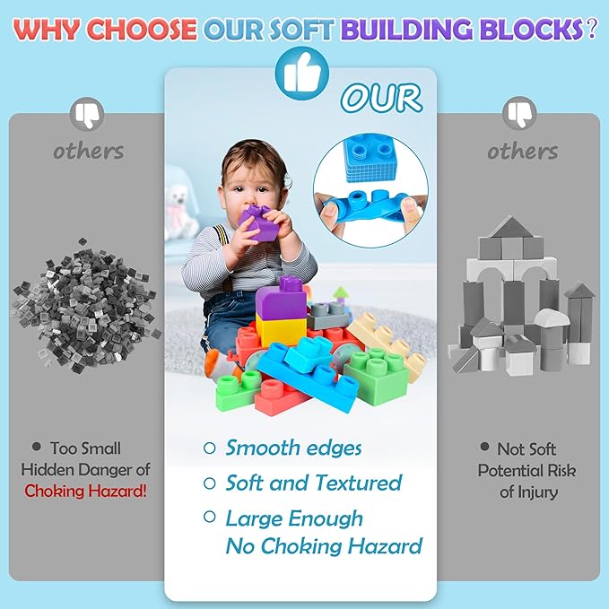 Soft Building Blocks for Toddlers, Large Building Blocks Stacking Blocks for Babies 6 Months and Up Stem Toddler Gifts, Teething Toys, 40 PCS