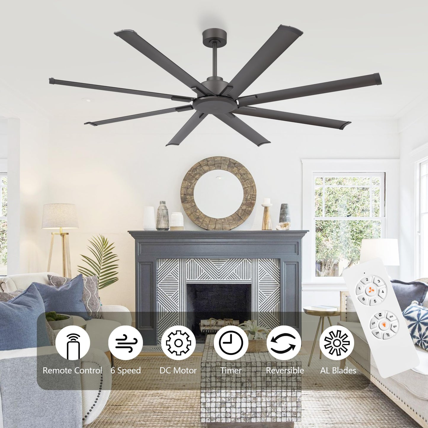 LEDLUX 72in Ceiling Fan, Reversible DC Motor, 6 Speed Remote Control, Charcoal Grey, Model SYCF7212