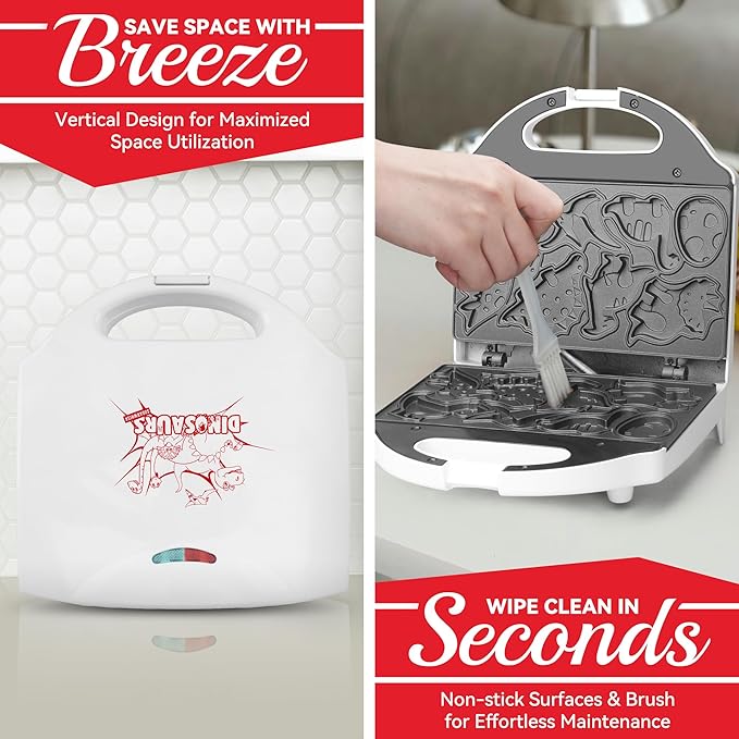 Dinosaur Mini Waffle Maker for Kids, Mini Pancake Maker Machine for Halloween, 8 Different Shaped Dinos in Minutes, Electric Non-Stick Waffle Iron, White