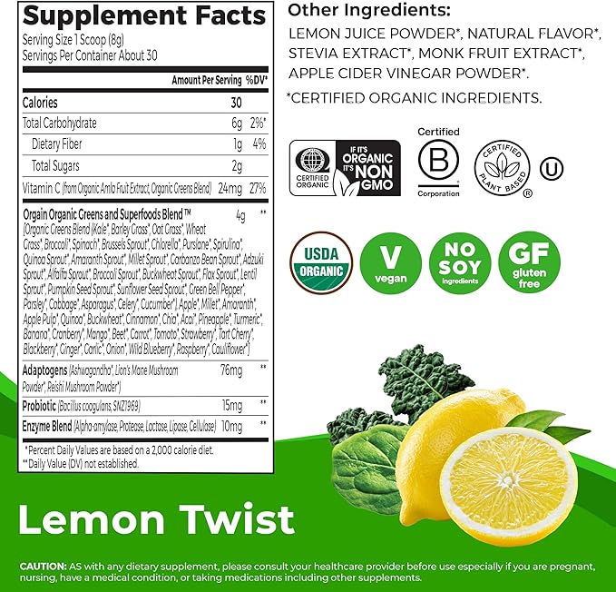 Orgain Supreme Greens Powder, 50 Superfoods, 1 Billion Probiotics, and Adaptogens, for Gut Health and Immune Support, 1.5 Servings of Fruit and Veggies, Lemon Twist