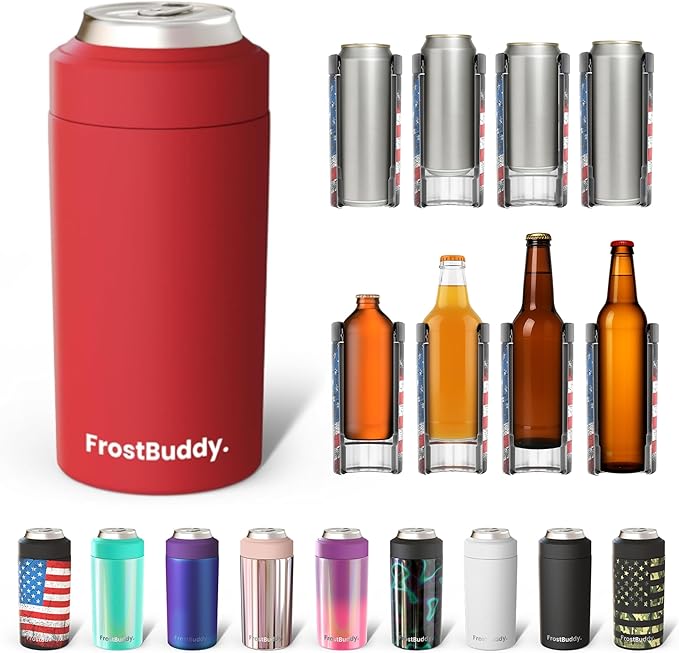 Frost Buddy Universal Buddy Can Cooler - Fits All - For Regular 12 & 16 oz or Slim-Size Bottles - Insulated Double-Walled Stainless Steel (Crimson)