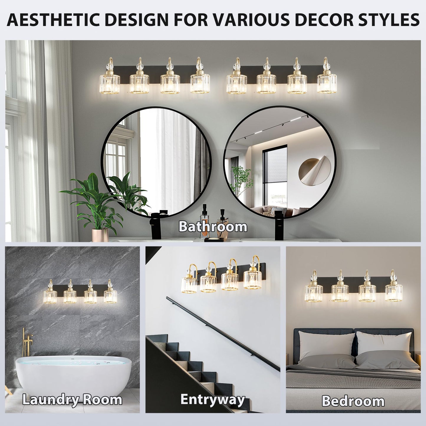 Diamondforge Bathroom Vanity Light Fixtures Over Mirror - Makeup Lighting Black Gold - For Modern Wall  Bath  Desk  Farmhouse  Hallway - 4 Crystal Lights