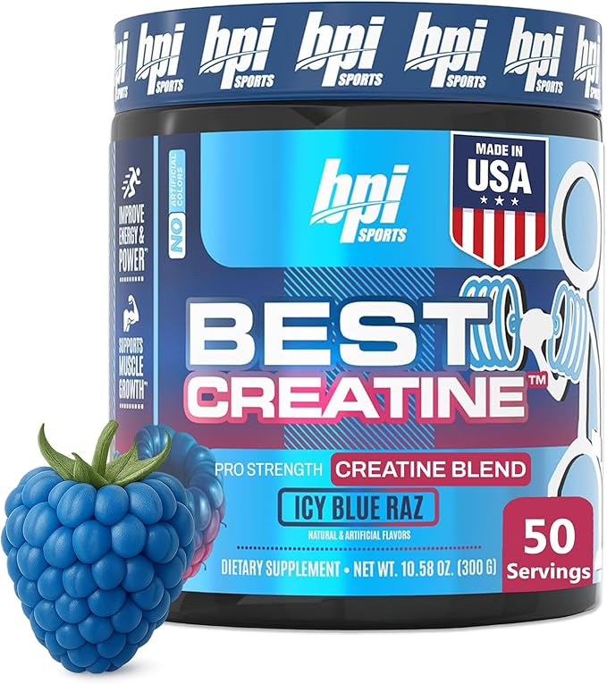 BPI Sports Best Creatine - Creatine Monohydrate Powder for Men & Women, Himalayan Salt - Strength, Pump, Endurance, Muscle Growth, Muscle Definition - No Bloat - Icy Blue Raz - 50 servings - 10.58 Oz