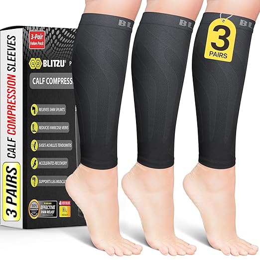 BLITZU 3 Pairs Calf Compression Sleeves for Men and Women. Footless Compression Socks & Leg Support for Running, Travel, N...