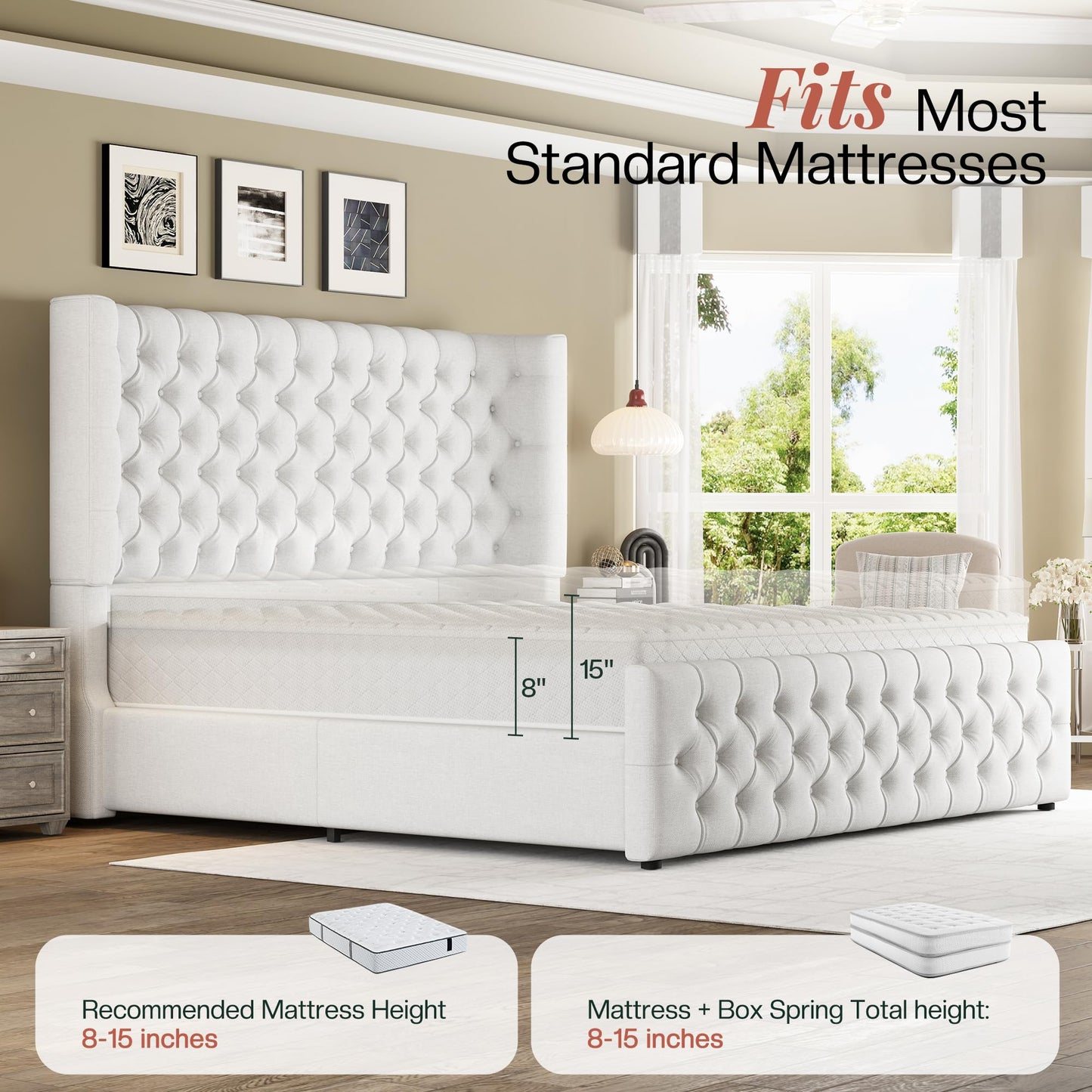 Jocisland Queen Size Platform Bed Frame, 6.3" Thick Upholstered Curved Wingback Headboard and Footboard with Deep Button Tufted, Easy Assembly, No Box Spring Needed, White Linen
