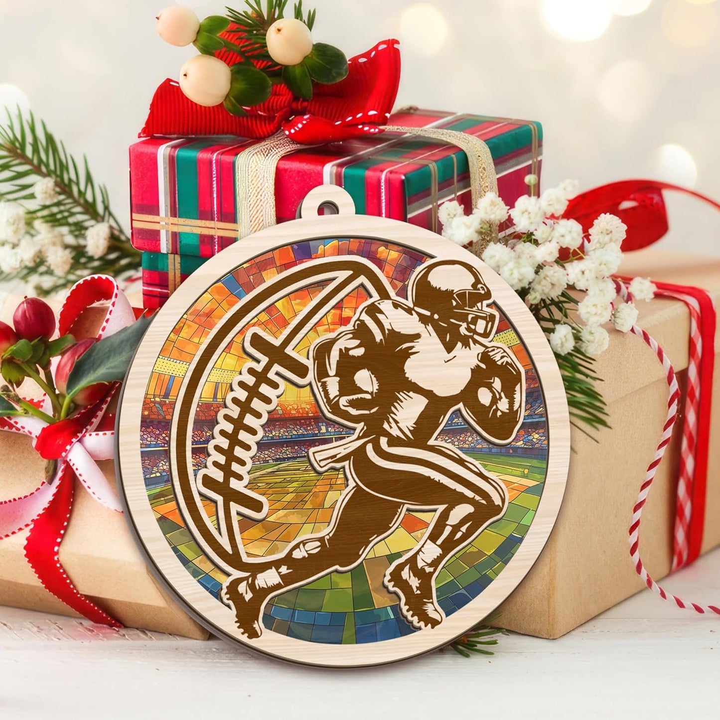 FLAGWIX Christmas Football Gifts for Boys 8-12 and 12-14 - Suncatcher Christmas Ornaments 2025 for Tree Decorations - Football Ornaments, Footballs Xmas Decorations, Sports Gifts for Boys Men Coach