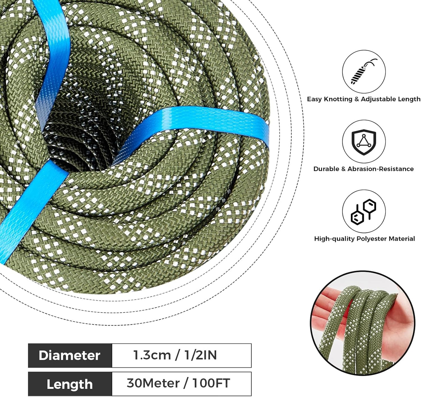 1/2 Inch Double Braided Polyester Arborist Rope, 1/2in 100ft Heavy Duty Nylon Rope for Anchor, Tree Work, Cargo, Pulling, Sailing