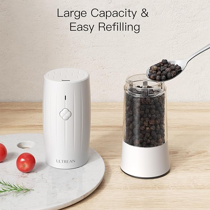 Ultrean Salt and Pepper Grinder Set, Rechargeable Automatic Pepper Mill Shakers, 6 Adjustable Coarseness, LED Light, Kitchen Gadget for House warming Gifts, Black & White