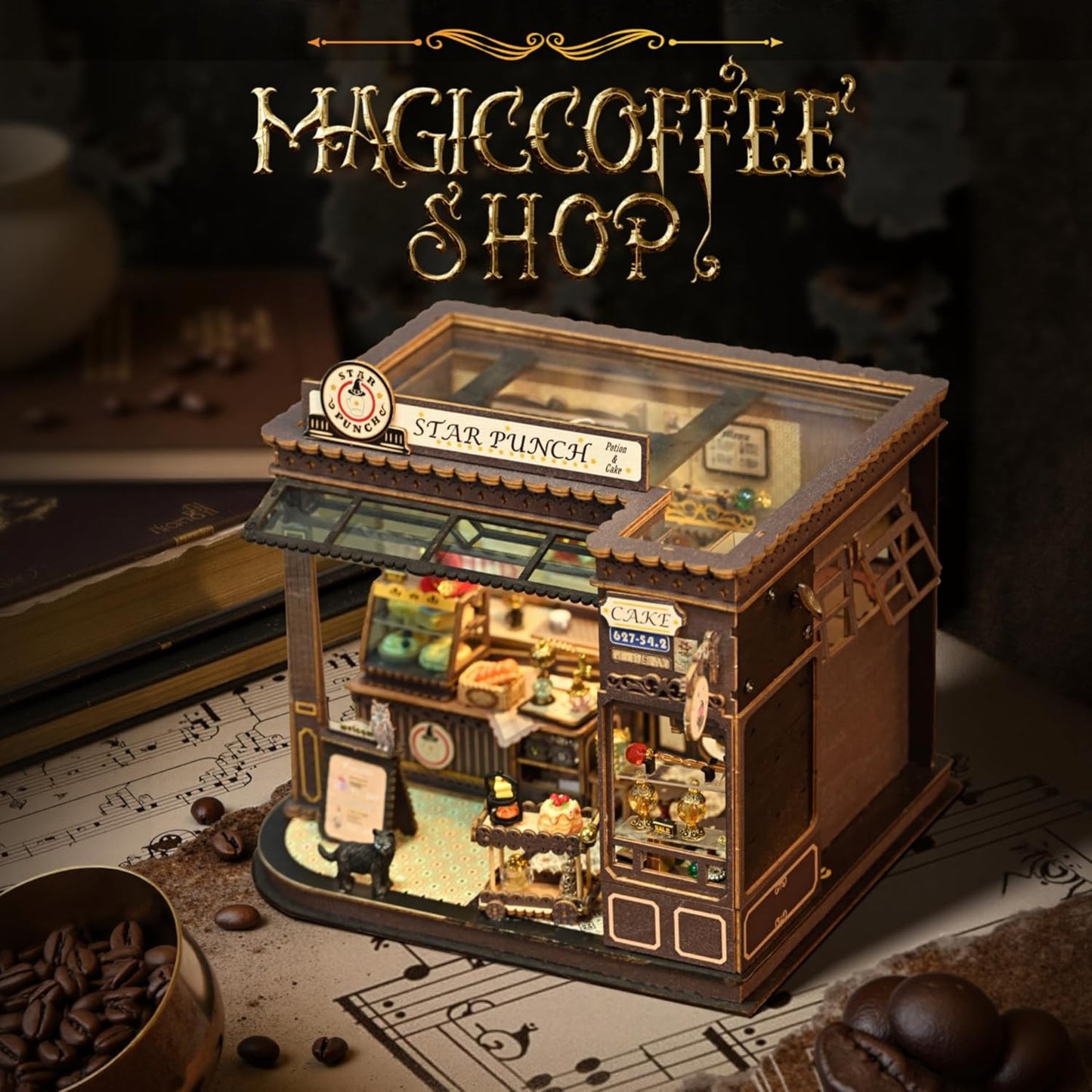 [2025 New] Coffee Shop Miniature House Kit with LED Light, Book Nook Kit with Cover for Birthday, 3D Wooden Bookends Puzzle Bookshelf Decor Building Kit Birthday Gifts for Family, Friends