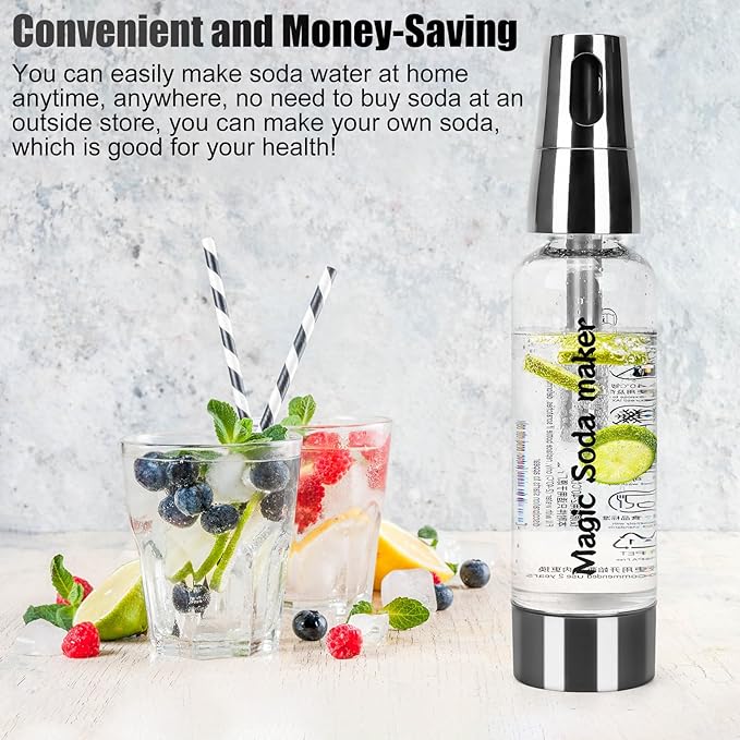 Sparkling Water Maker, Portable Soda Maker with 1L PET Carbonating Bottles, Soda Water Maker for Flavored Drinks, Soda Machine (Silver)
