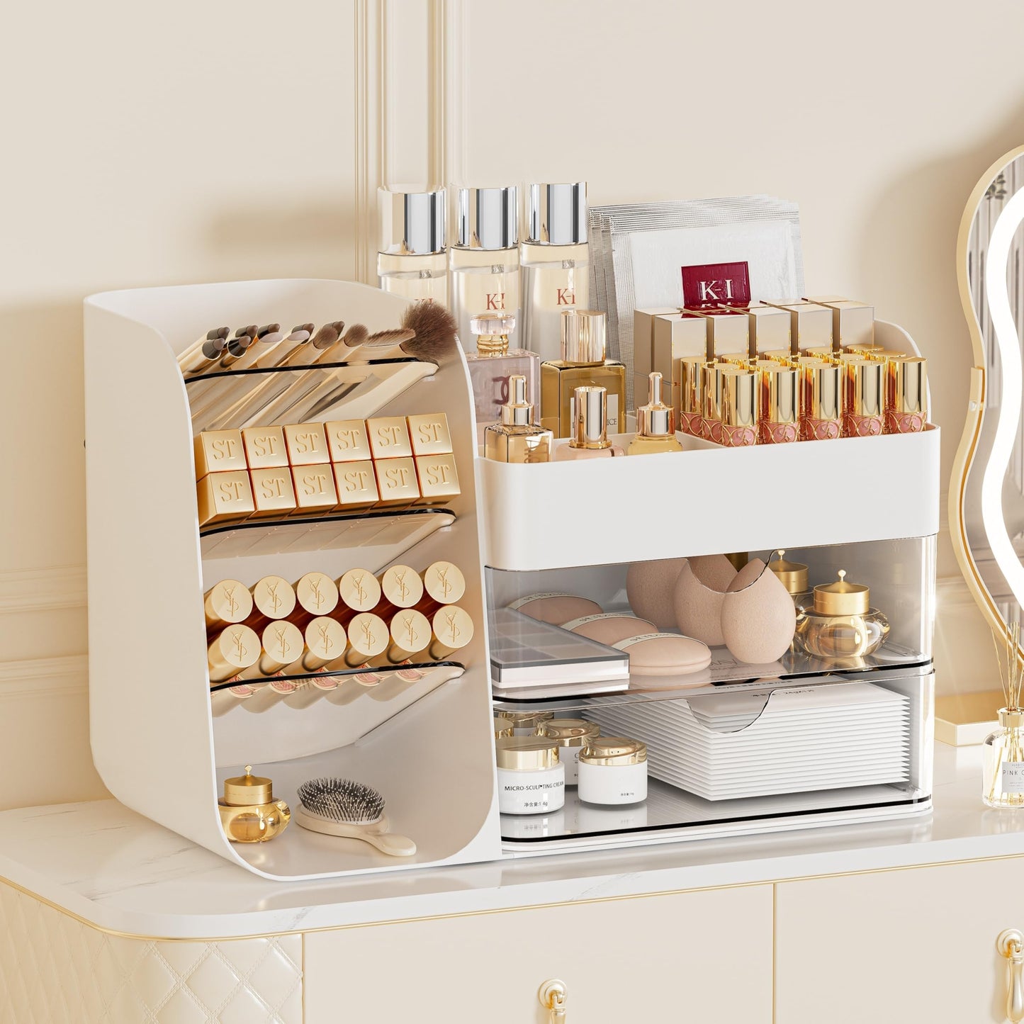 Makeup Organizer with Brush Holder for Vanity,Countertop Makeup Organizer with Drawers,Spacious Cosmetic Display Case,Perfect St