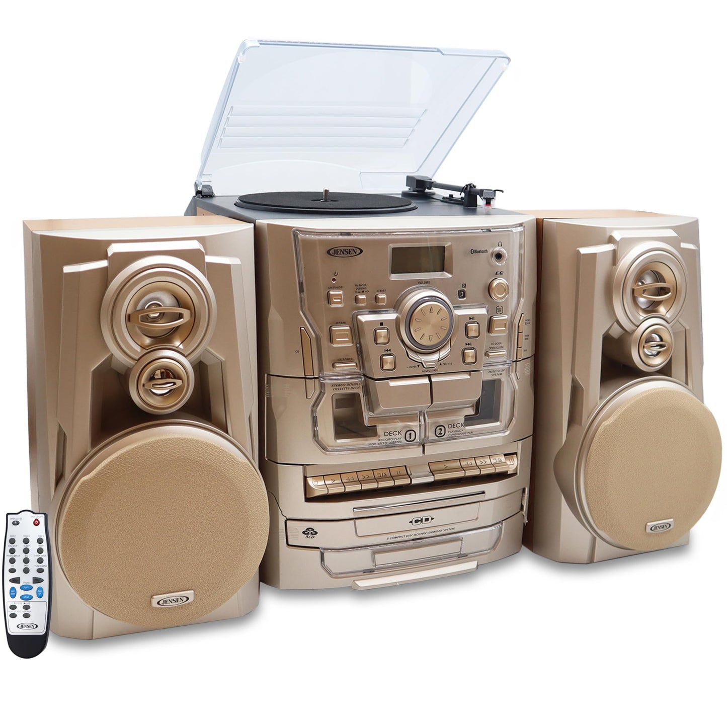 Jensen Bluetooth 3-Speed Turntable CD Player Home Stereo System with AM/FM Radio, Dual Cassette Deck, Gold