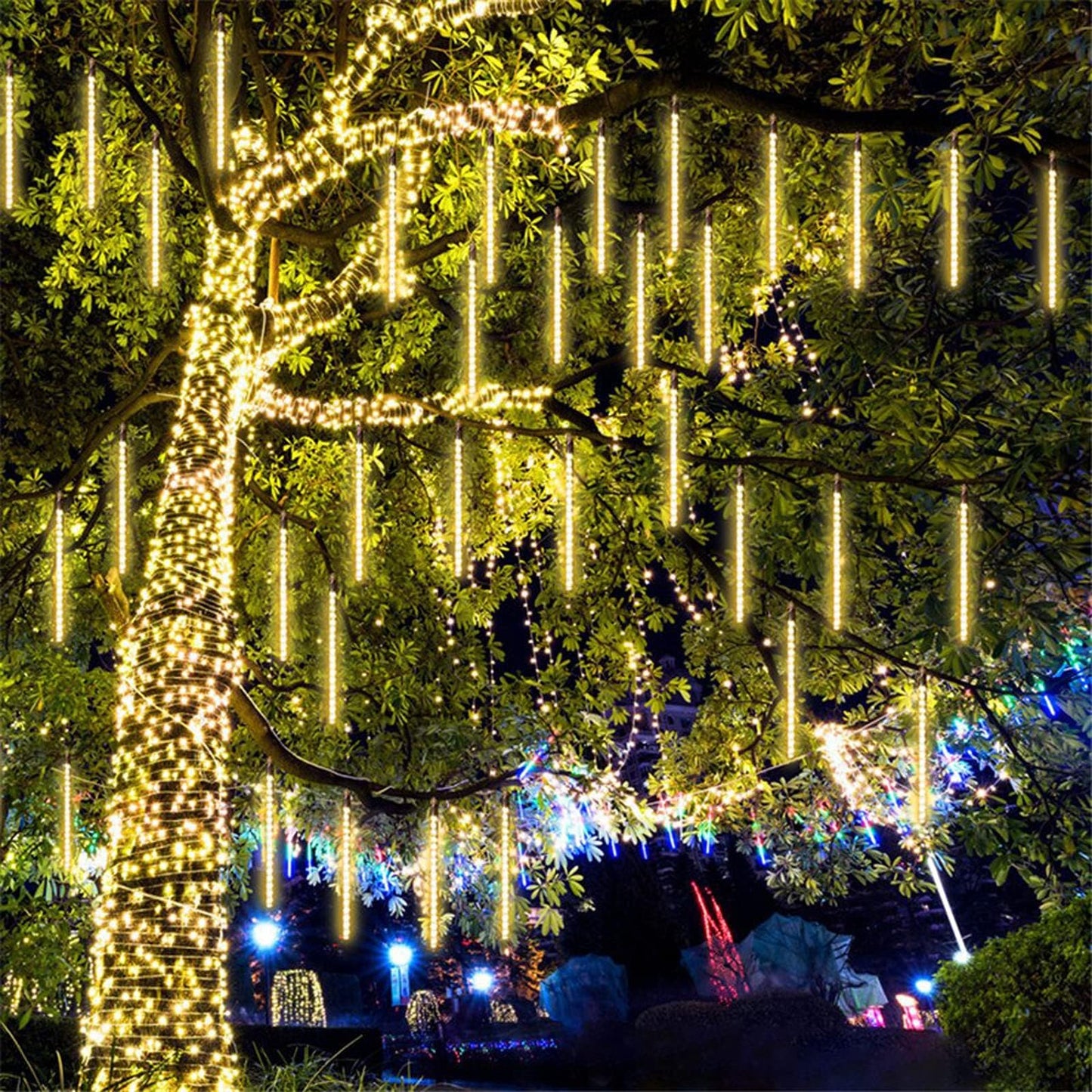 2-Pack Extendable Meteor Shower Christmas Lights Outdoor  16 Tubes 384 Leds Waterproof Falling Rain String Lights  Christmas String Lights Outdoor For Tree Patio Garden Holiday Decorations(Warm White)