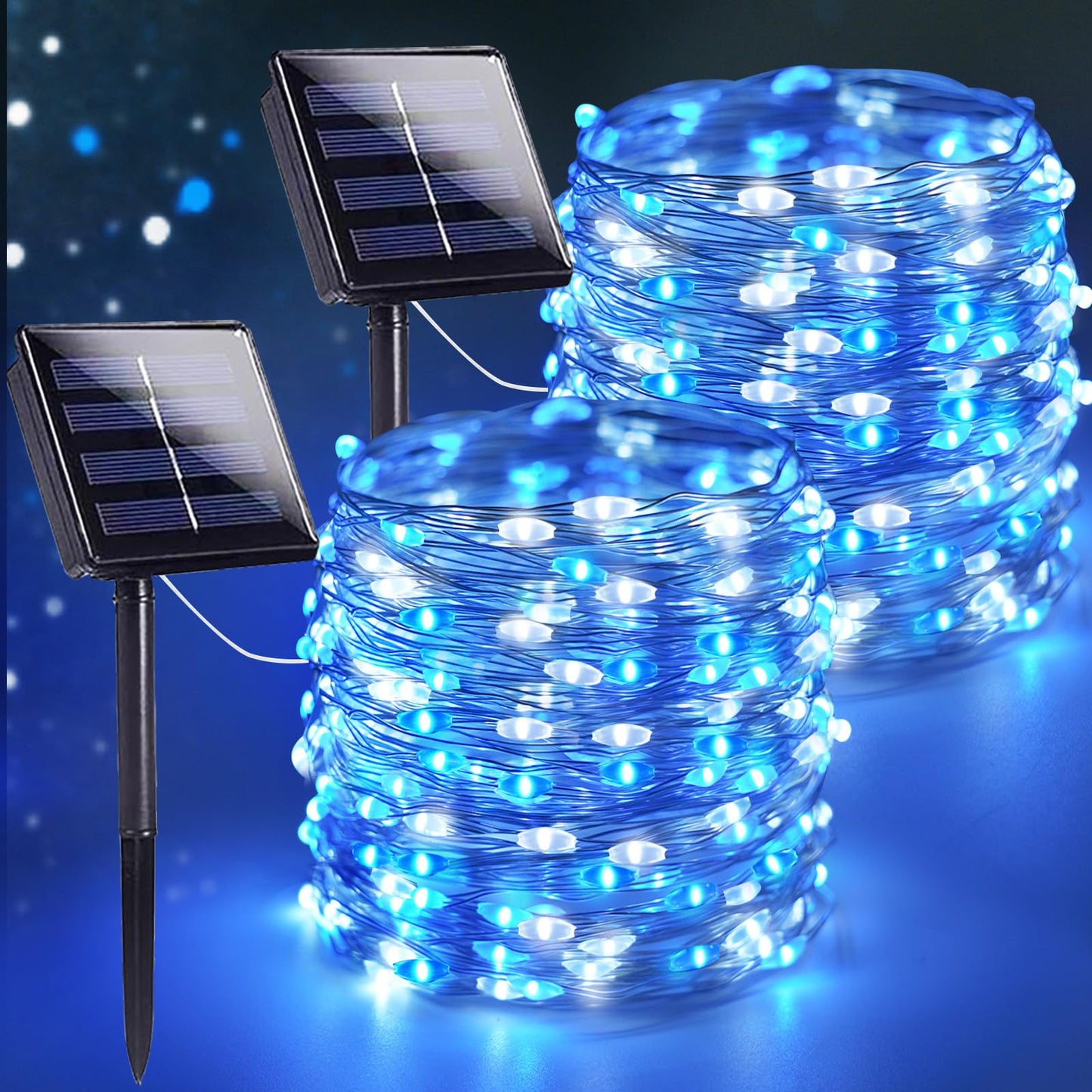 SANJICHA Solar String Lights, 144FT, 2 Pack 400LED, Waterproof Copper Wire, 8 Modes, Blue and White