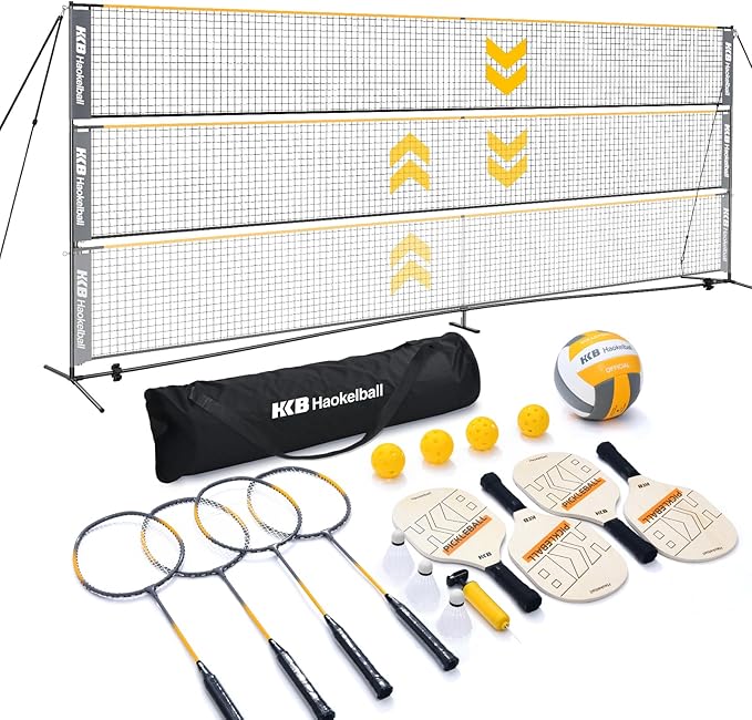 Haokelball Badminton Volleyball Pickleball Net Set, 22FT Portable All-in-One Nets System for Outdoor Beach Indoor with Adj...