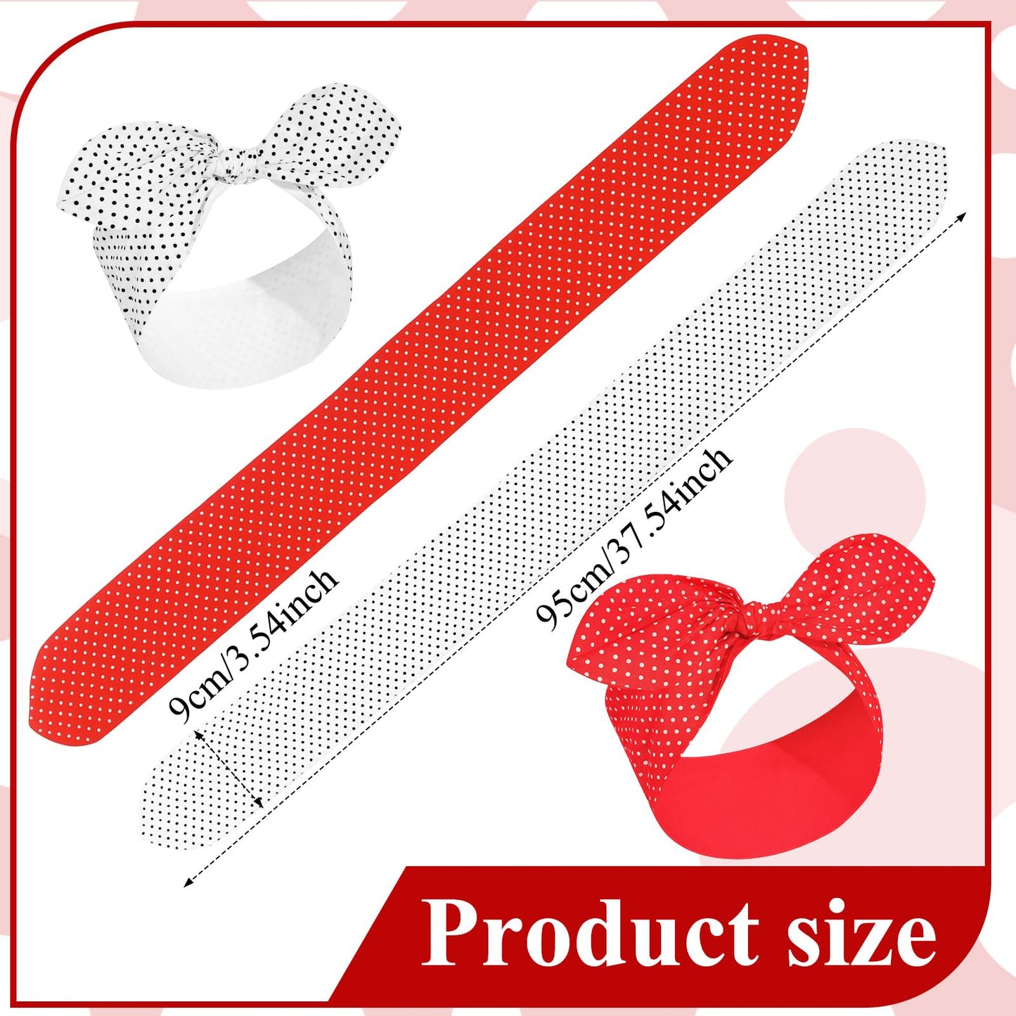 Hicarer 2 Pieces Polka Dot Headband Bandana Headband 50s Costume Hair Accessories Bows Wide Headwrap for Women and Girls(Red, Wh