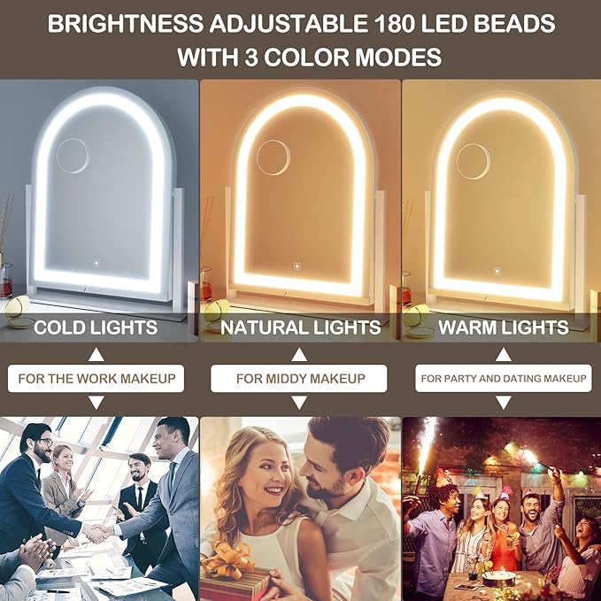 Lighted Makeup Mirror, Hollywood Vanity Mirror with Lights, Three Color Lighting Modes, LED Mirror, Smart Touch Control, 360°Rotation (15.2in. Curved)