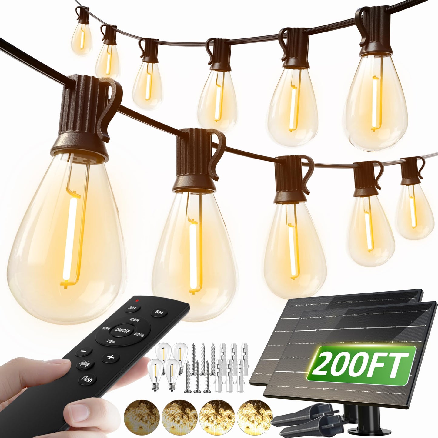 Luckystyle 200Ft Solar String Lights Outdoor Waterproof 2200K With Remote & Usb Charging  72+4 Led Shatterproof Bulbs  Dimmable & Timable  3 Light Modes  Long Last For Garden Patio  Backyard  Camping
