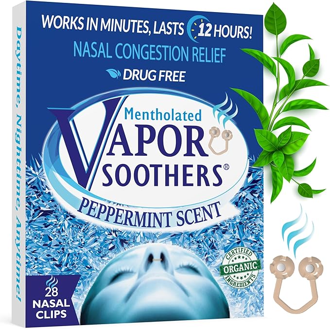 Mentholated Nasal Dilators for Breathing, Congestion, and Snoring - 28 Count Dual-Action Nose Inserts for Daytime and Nighttime Use - Hidden Nostril Opener Clips Last Up to 12 Hours - Peppermint