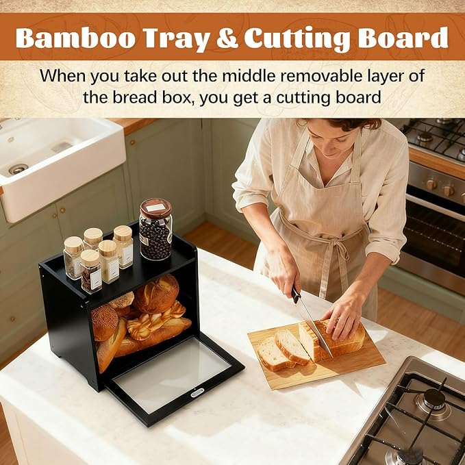 Bamboo Bread Box for Kitchen Countertop, Double Layer Large Capacity Bread Storage Cabinet with Removable Cutting Board, Farmhouse Breadbox Container Organizer Bins for Pantry Shelf Cupboard (Black)