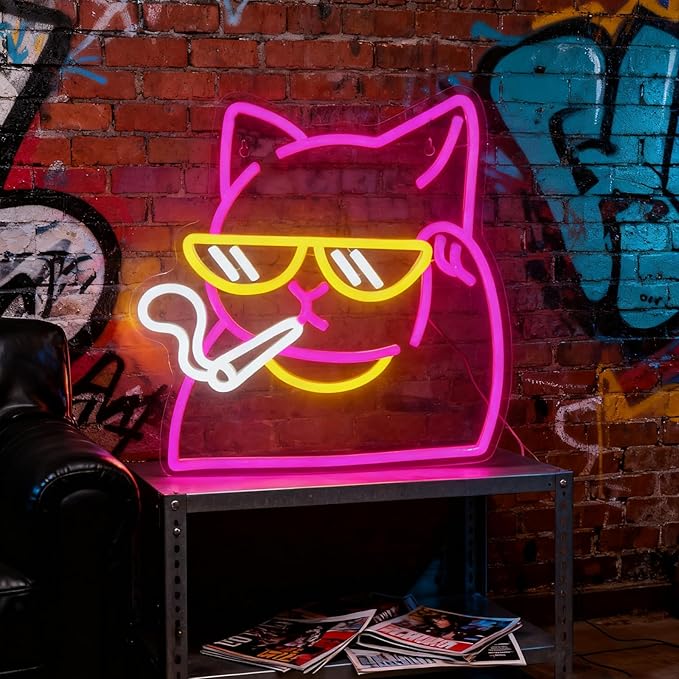 Cat Neon Sign for Wall Decor, Dimmable Smoking Cat Wall Light, Neon Cat Night Light for Man Cave, Bedroom, Gamer Room, Party, Bar Decor, Animal Lover Gifts, USB Powered LED Strip Lights