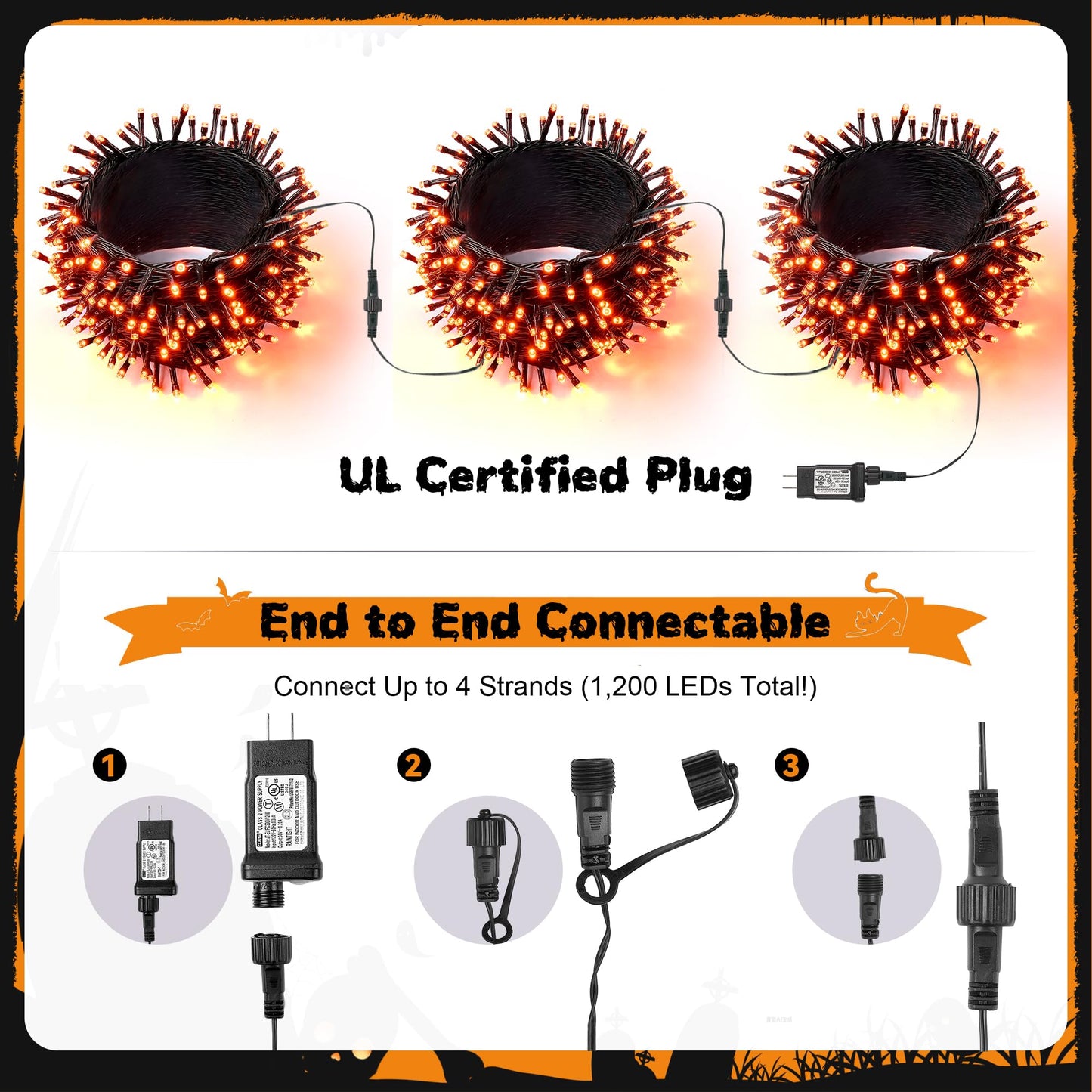 Wbao Halloween Lights 300Led 108Ft  Super Bright Led Orange String Lights With Ul Certified  8 Lighting Modes  Timer  Connectable  Memory & Waterproof For Indoor Outdoor Halloween Decor
