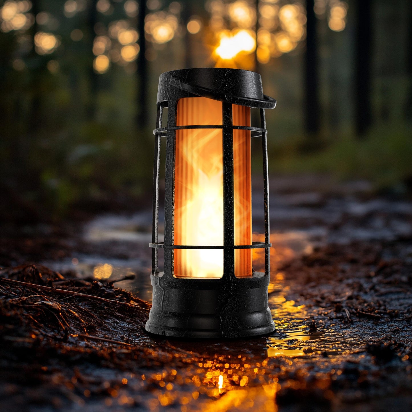 FOXFLAME Metal Outdoor Solar Lantern, Waterproof Flickering LED, 1 Pack, Matte Black, Model FFMDL1