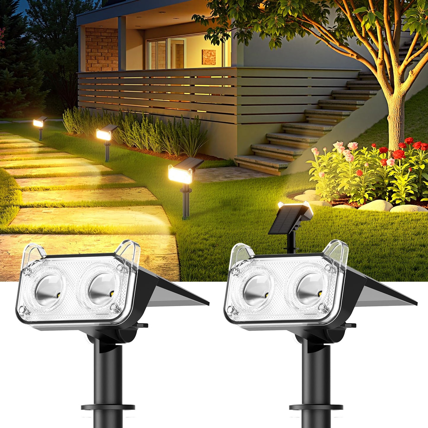 Wdtpro Upgraded Solar Spot Lights Outdoor  Solar Lights Outdoor Waterproof  30H+ Runtime Spotlights  Auto On/Off  Dusk To Dawn Lighting For Yard Patio Garden Pathway Landscape 2P  Warm White