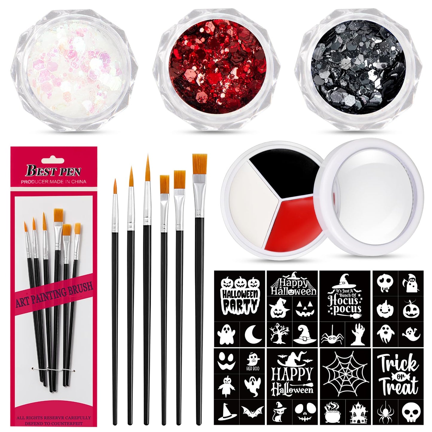18 Pcs Halloween Face Paint Kit 3 Colors Red White Black Face Paint Kit with Glitter Stencil Makeup Brush for Halloween Cosplay