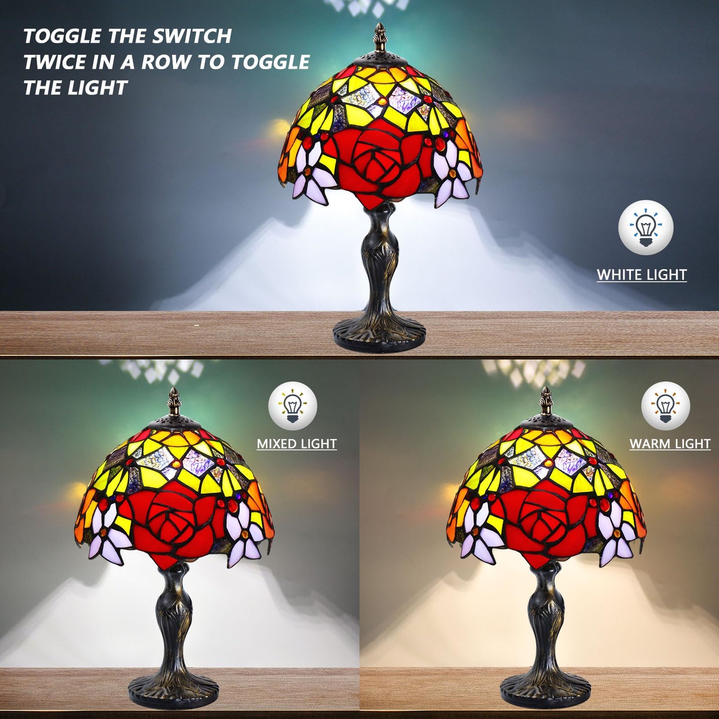 MIAOKE Stained Glass Table Lamp, Handmade Desk Light, Antique Style, Peony Color, Glass Material