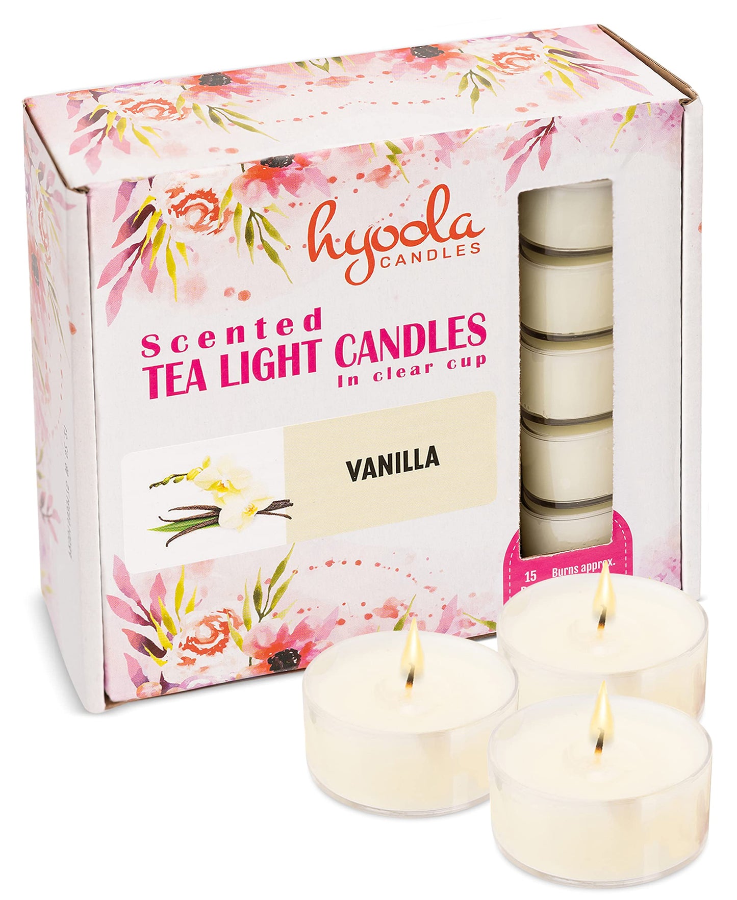 Hyoola Scented Tealight Candles - Vanilla Cream - 6 Hour Burn Time - 15 Pack - Model H10201 - Clear Cup