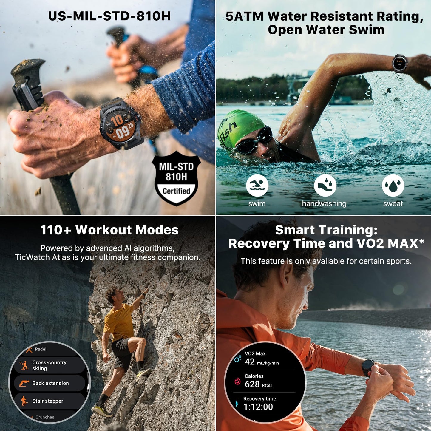 Ticwatch Atlas Smartwatch for Men Android Wear OS Smart Watch Outdoor 90 Hrs Battery 110+ Workout Modes Heat Map Fall Detection Health Fitness Tracker 5ATM GPS Compass Android Compatible Only