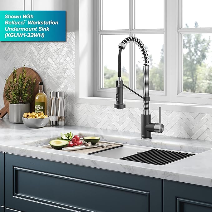 KRAUS Bolden Touchless Sensor Commercial Style 2-Function Single Handle Pull-Down Kitchen Faucet in Spot-Free Stainless Steel / Matte Black, KSF-1610SFSMB