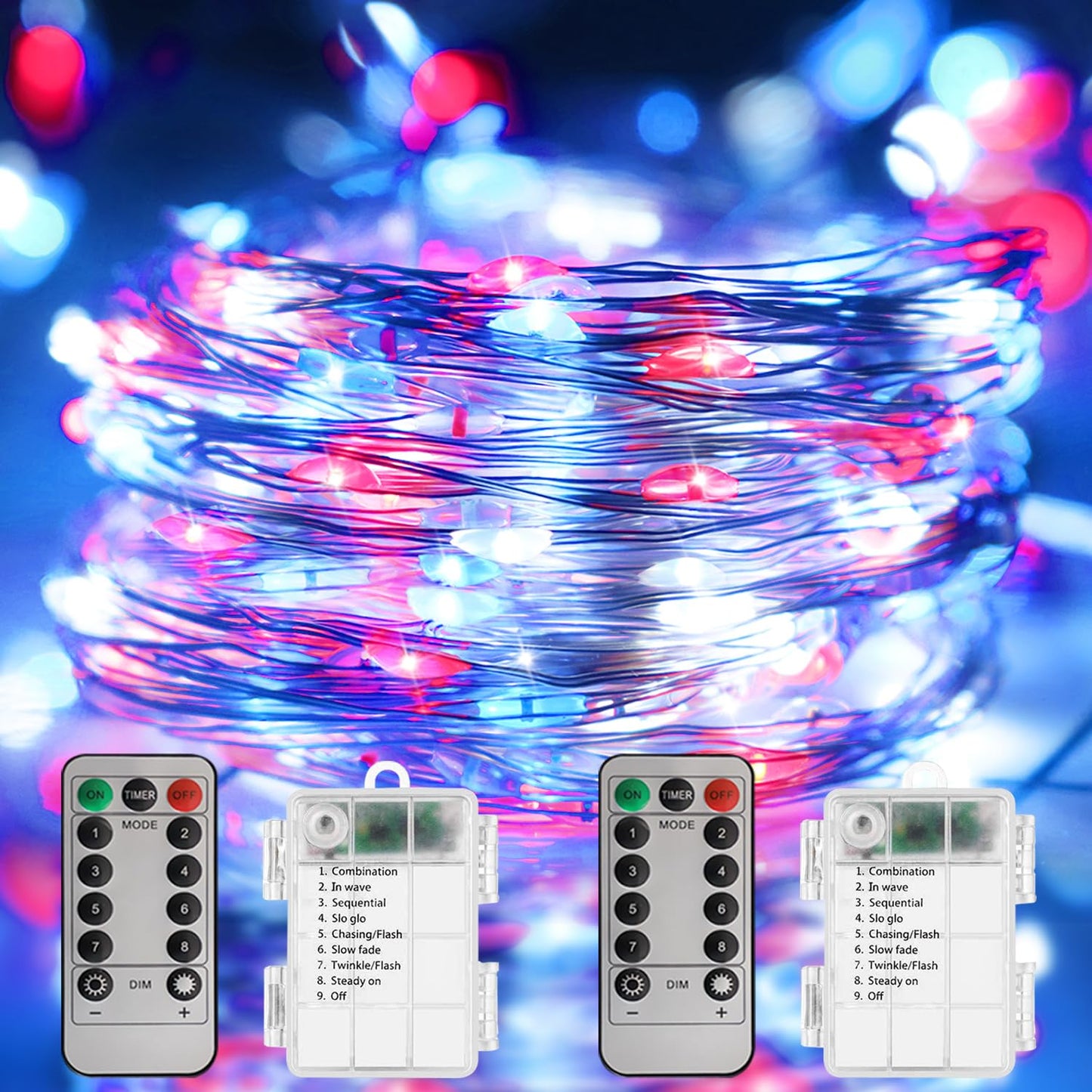 Curyidy 100LED Fairy Lights, Remote Control, Red White Blue, 2 Pack, Model STCO