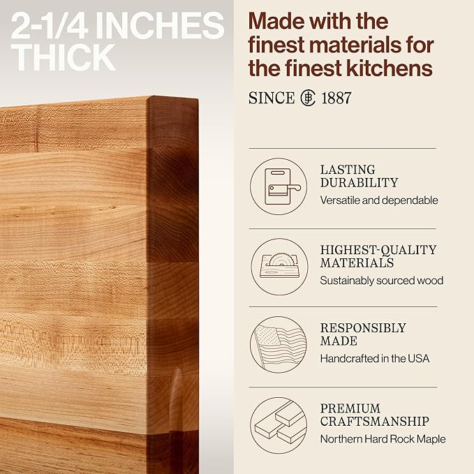John Boos RA-Board Series Rectangular Wooden Maple Cutting Board 30”x23.25” – 2.25” Thick, 42-lb Reversible Butcher Block with Edge-Grain & Finger Grips – Made in the USA