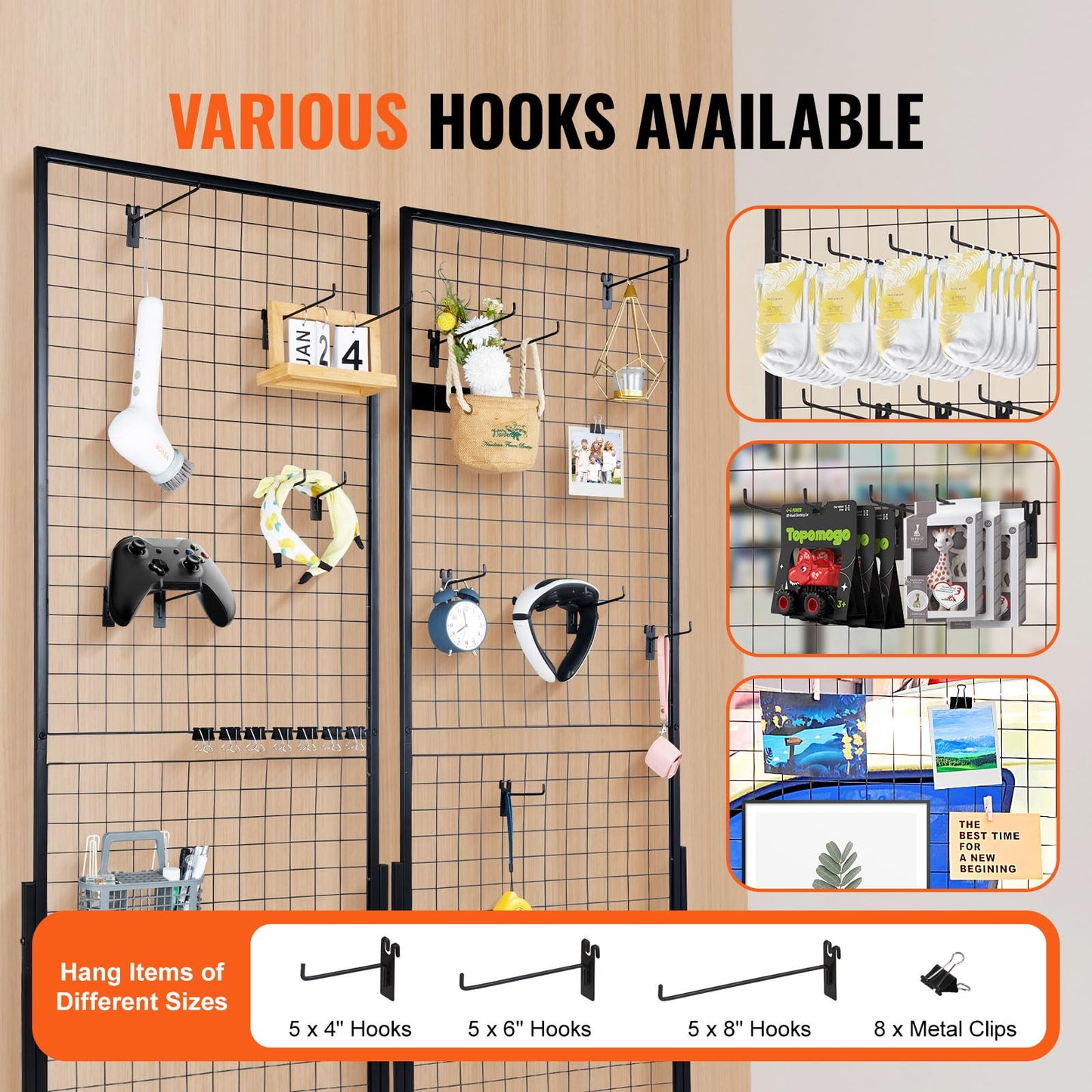 VEVOR 2 x 5.6 in Grid Wall Panels, 2 Packs Wire Gridwall Display Racks Tower with T-Base, Floorstanding Double Side Gridwall Panels, Retail Display with Extra Clips and Hooks for Art Craft Shows