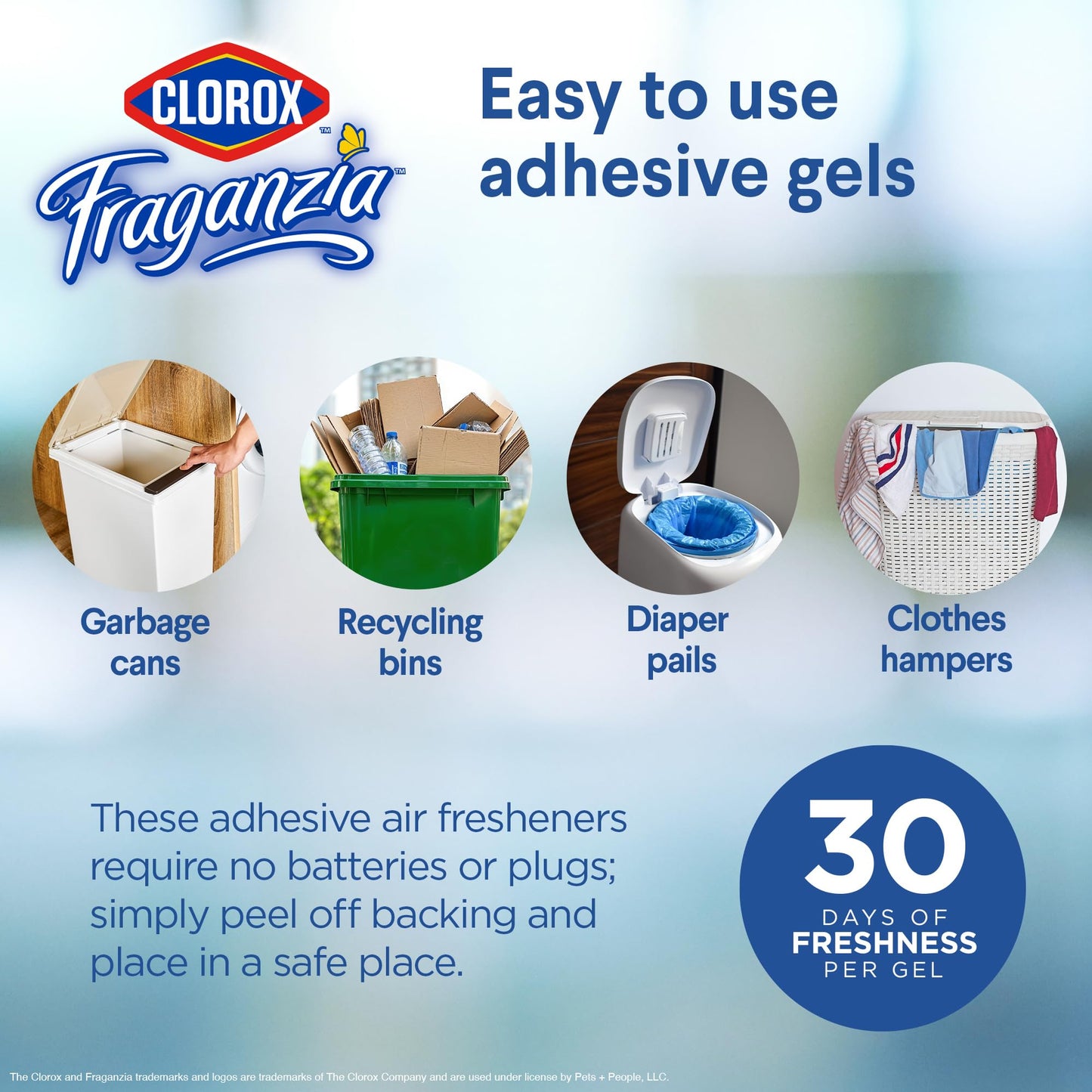 Clorox Fraganzia Stick-On Gel Fresheners, Lavender with Eucalyptus Trash Can Deodorizer Up to 30 Days Scent, Odor Absorber for Kitchen, Bathroom, Closet, No Plug or Batteries, 0.12 Fl Oz, 6 Count